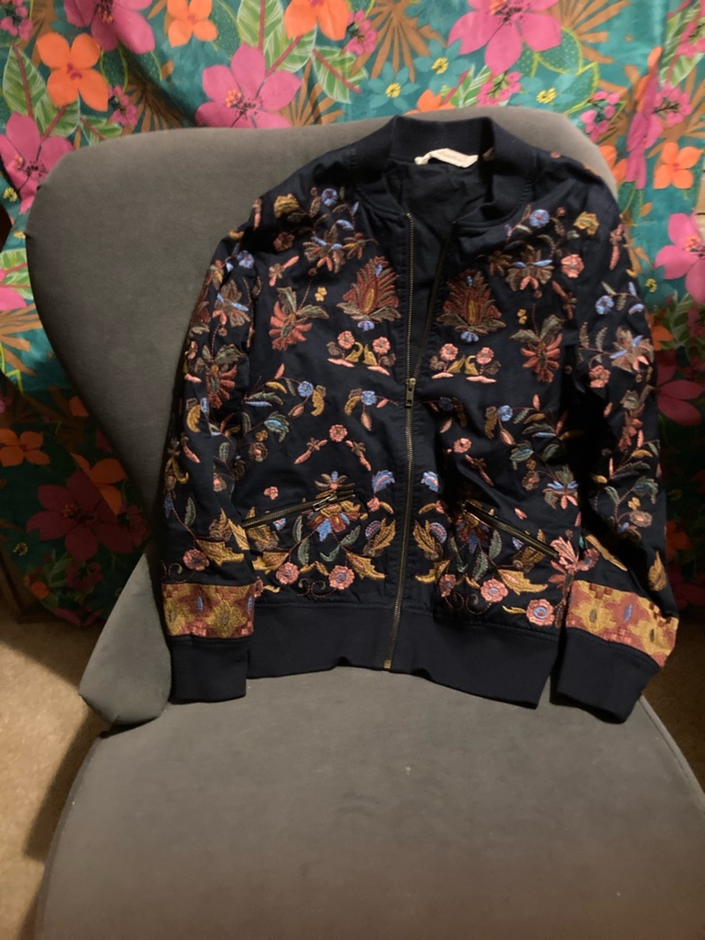 Soft Surroundings Navy Embroidered Floral Bomber Jacket